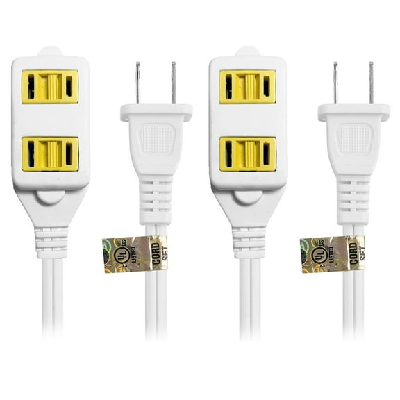 Wideskall 2-Pack 6 Feet 16 Gauge 2 Prong 3 Outlets Indoor Extension Cord White UL Listed