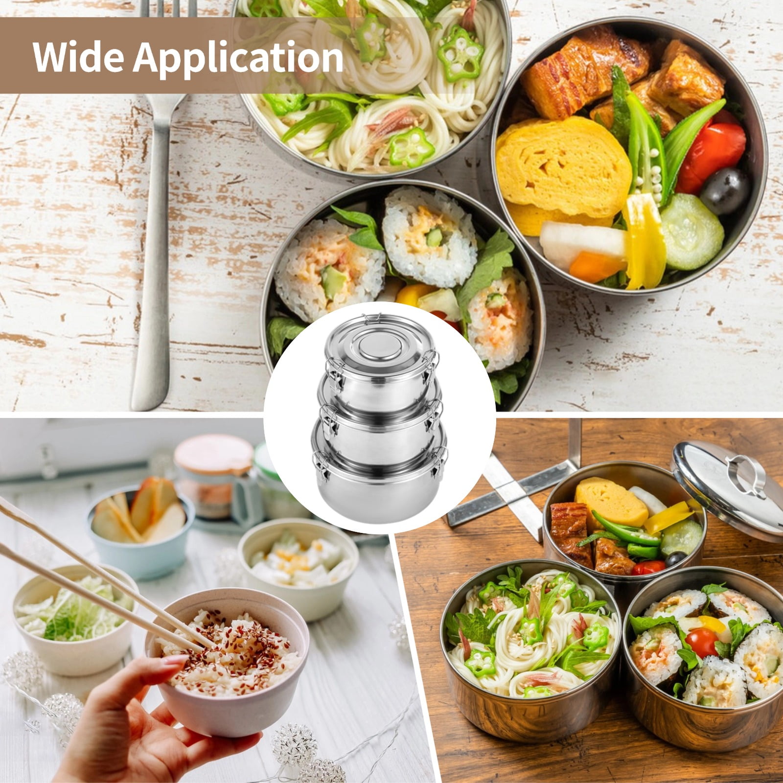 3 PCS Stainless Steel Bento Box Set, Leak-Proof Food Storage Containers, 3 Sizes Round Airtight Food Containers, Large-capacity Dishwasher Safe Lunch Boxes, Stackable Silver Thermal Bento Box