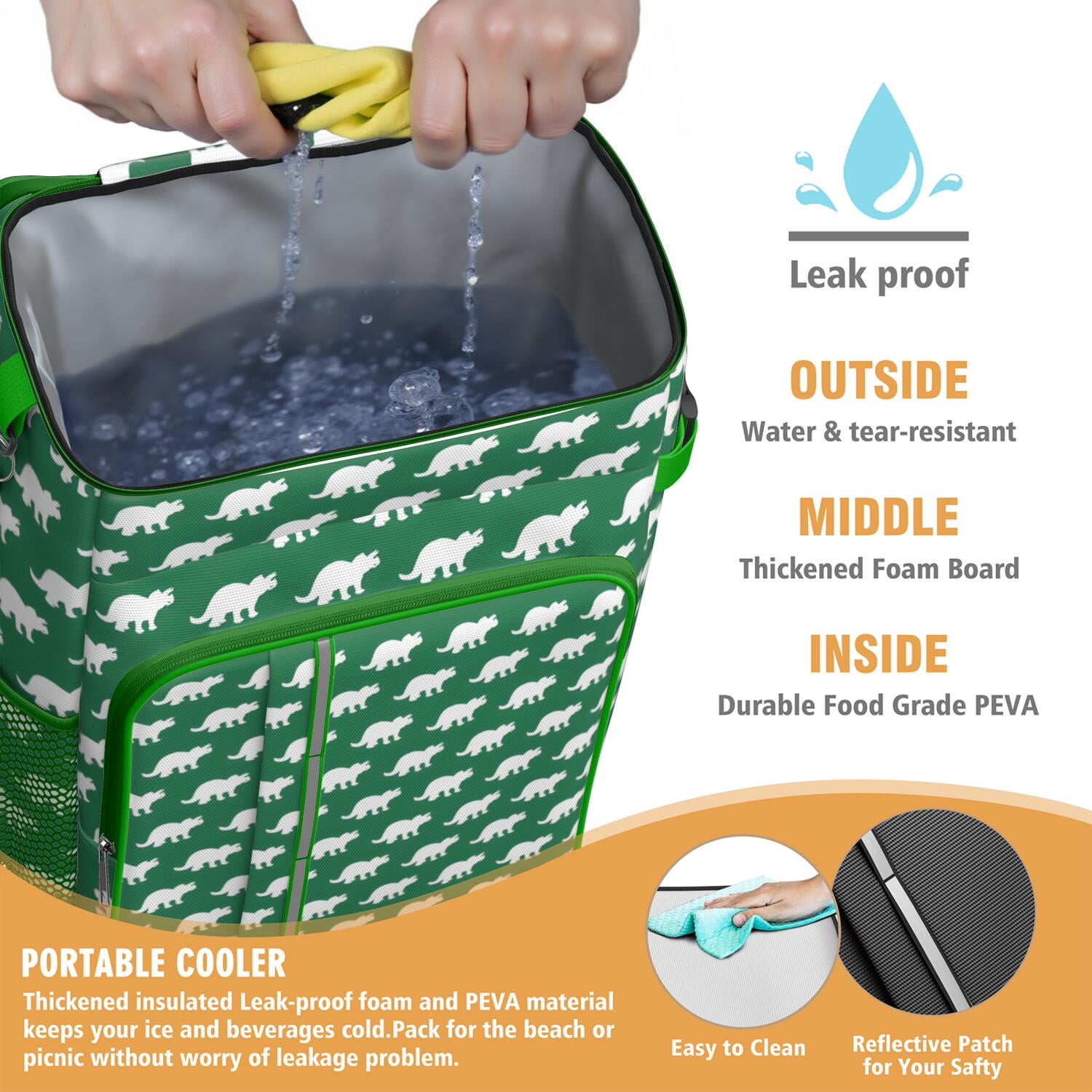 Travel Cooler Bag - Green Dinosaurs Pattern Camping Beer Cooler Backpack with Bottle Opener- Waterproof Insulated Picnic Backpacks - Cooler Bag for Beach