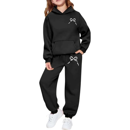 WOYY Little Girls Outfits Bow Hoodie Sweatpants 2Pcs Tracksuit Kids Clothing Sets Sizes 2-13