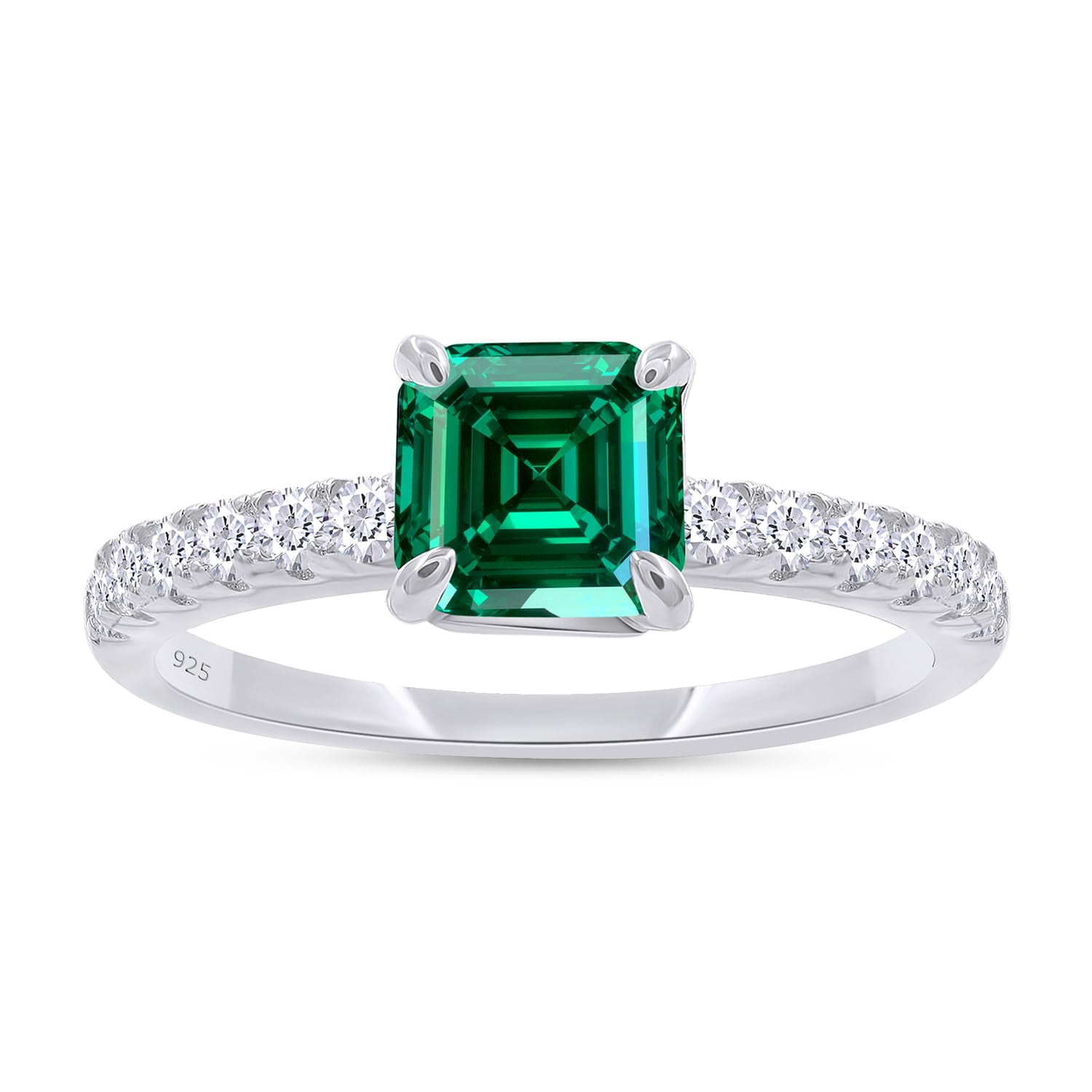 AFFY Solitaire Engagement Ring, 6X6MM Asscher Shape Zambian Emerald Lab Grown Gemstone & Created Moissanite Wedding Promise Ring In 14K White Gold Over Sterling Silver (1.15 Cttw)-5