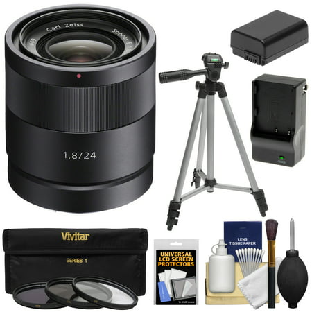 Sony Alpha E-Mount Carl Zeiss Sonnar T* 24mm f/1.8 ZA Lens with 3 Filters + Tripod + NP-FW50 Battery + Charger Kit for A7, A7R, A7S Mark II, A5100, A6000, A6300