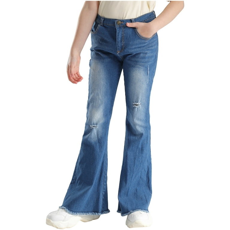 Aislor Kids Girls Elastic Waistband Flared Bell-bottom Pants Ripped Jeans  Spring Autumn Denim Long Pants