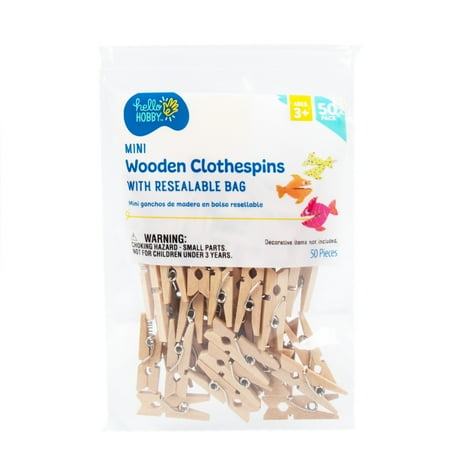 Hello Hobby Wood Mini Brown Clothespins with Resealable Bag, 50-Pack