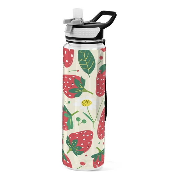 Strawberry Fruit 32oz Sports Water Bottles Leakproof Tritan Bottle with Straw BPA Free Clear Bottle for Fitness Gym Outdoor Cycling
