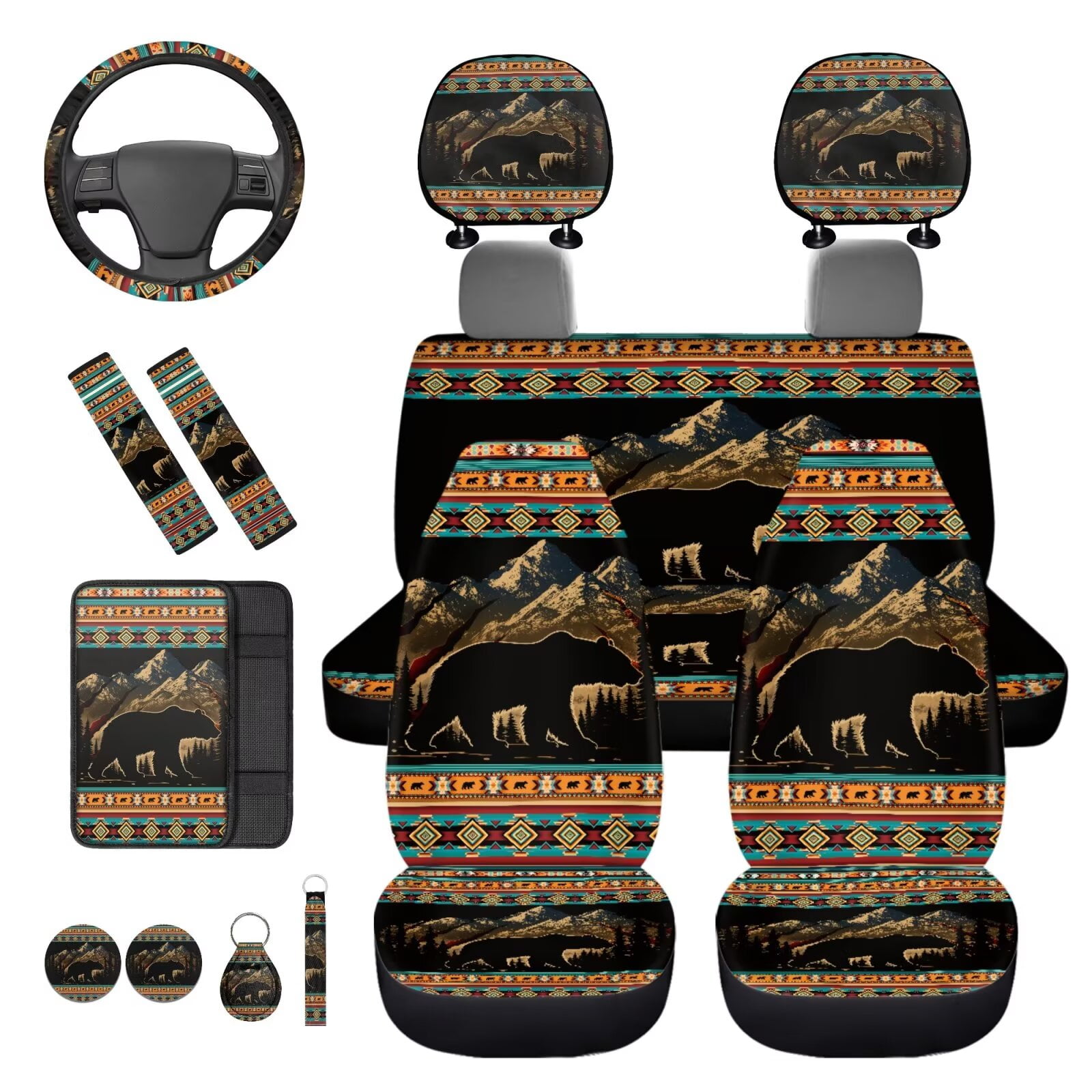 Binienty Western Aztec Car Seat Covers Front and Back Full Set 14 Pieces Auto Interior Set Brown Bear Car Seat Covers With Matching Steering Wheel Cover Elastic Washable Seatbelt Pad