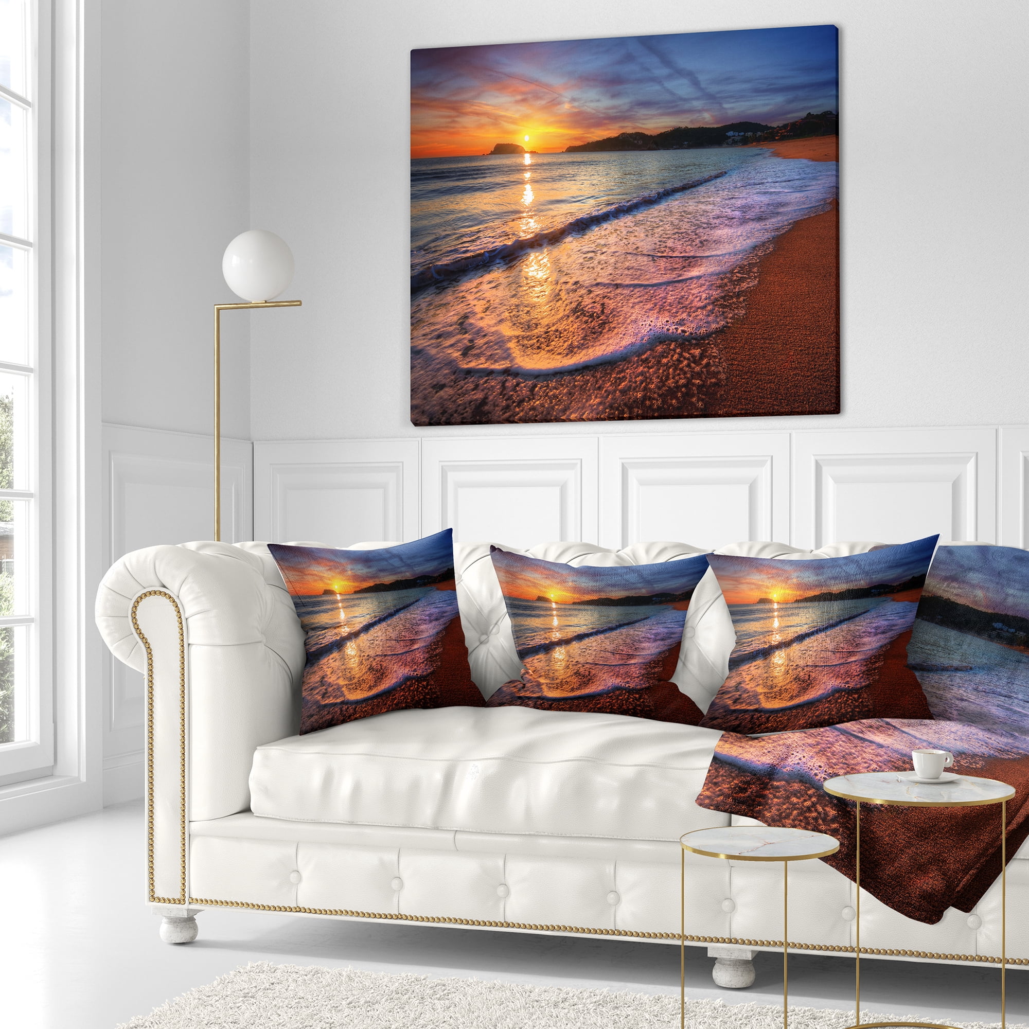 Designart Foaming Waves at Beautiful Sunset - Seashore Throw Pillow - 16x16