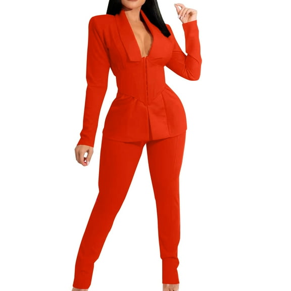 MSJUHEG Two Piece Outfits For Women Fall Outfits Two Piece Lapels Suit Set Office Business Long Sleeve Formal Jacket Pant Suit Slim Fit Trouser Jacket Suit With Waist Belt Slacks For Women Orange L