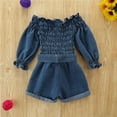 thumbnail image 5 of LIIPEE Girls Boys Onesie Ruffled Long Sleeve Off-Shoulder Pleated Denim Romper With Pockets Toddler Leisure Daily One-Pieces,Blue,2-3 Years, 5 of 8