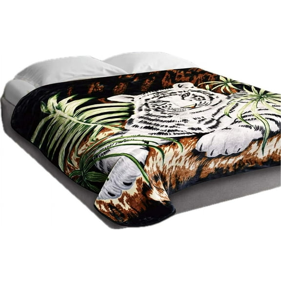 Queen Size Heavy White Tiger Blanket for Adults – 5.3 lbs, 2-Ply Soft and Warm Korean Mink Fleece Blankets, Thick and Cozy Animal Print Raschel Winter Big Throw, No-Lint and No-Fraying (75'' x 90'')