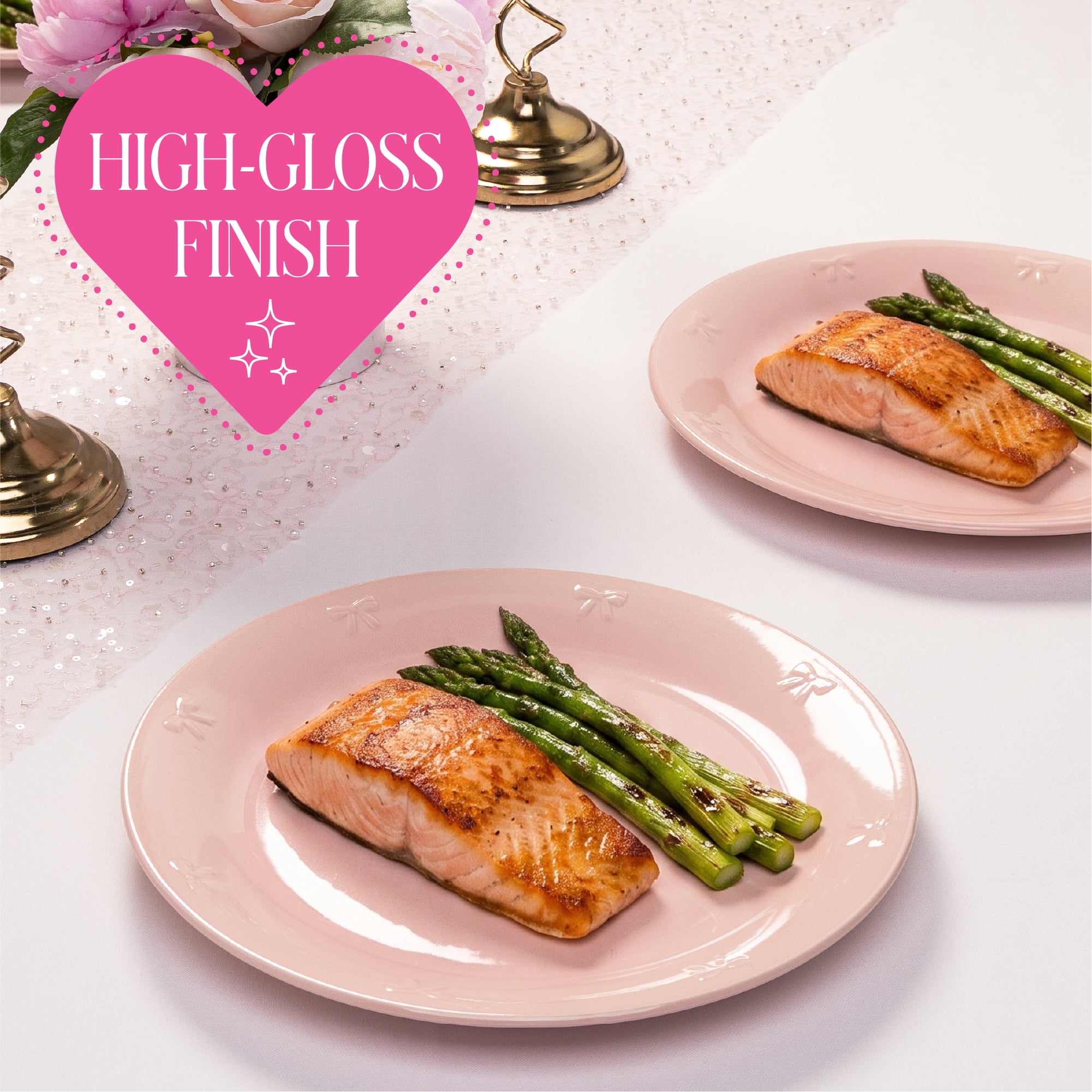 Paris Hilton London Collection 10.5-Inch Stoneware Ceramic Dinner Plates, Set of 4, Microwave & Dishwasher Safe, Pink with Embossed Bow Detailing