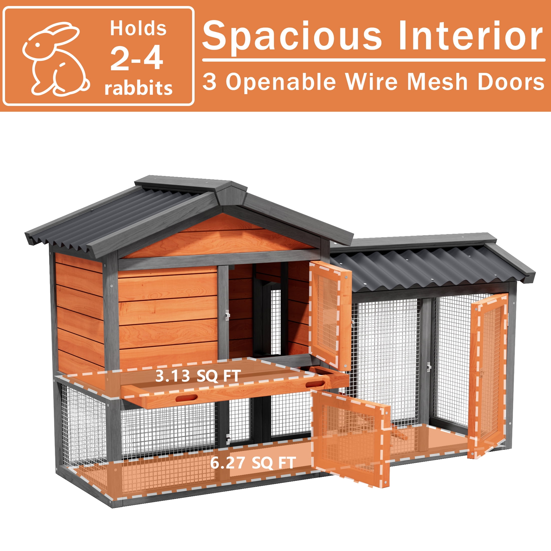 Outdoor Wooden Rabbit Hutch with Run ,Weatherproof Bunny Cage with Predator resistant Wire Mesh,Orange with Black