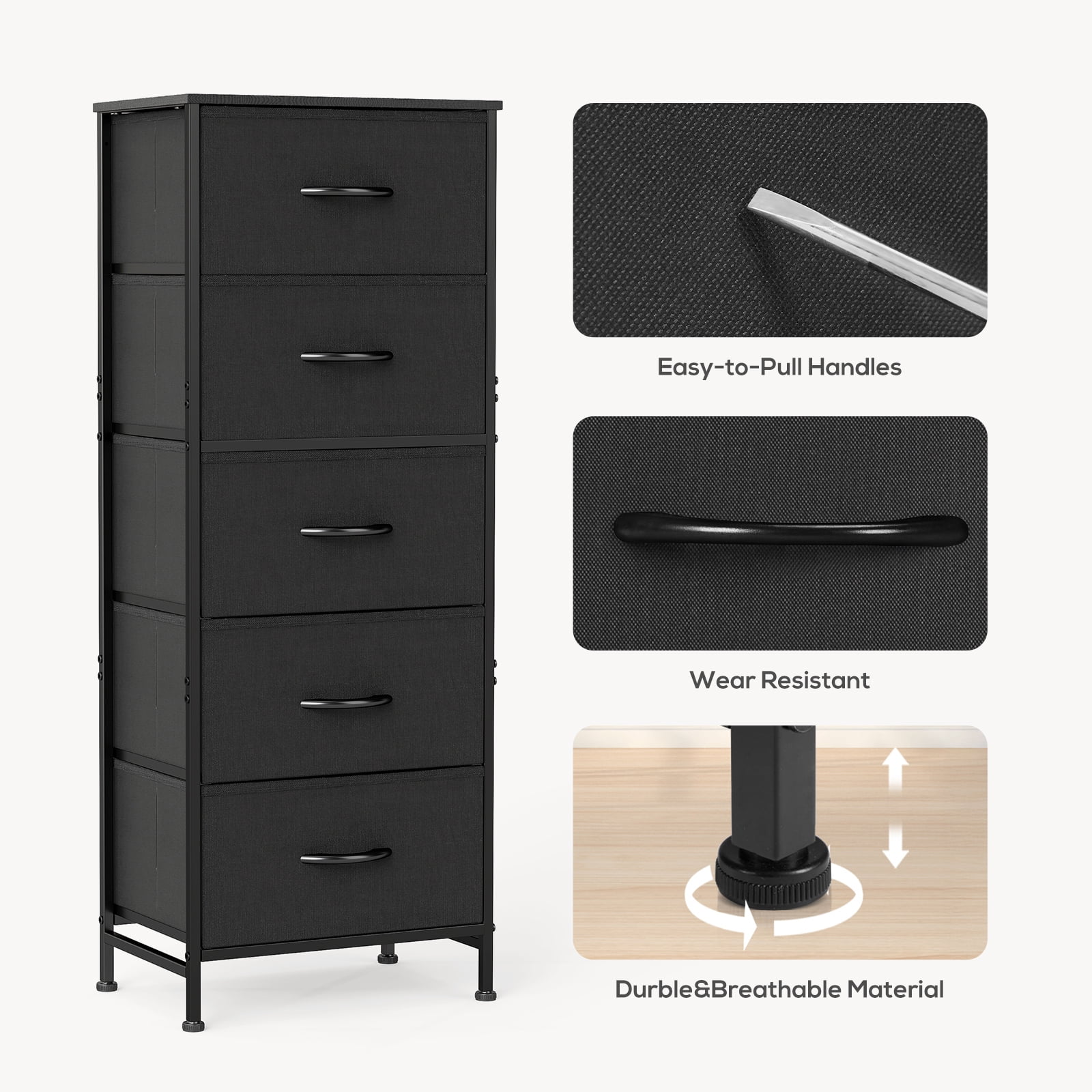 EDX 5 Fabric Dresser with 5 Storage Drawers, TV Stand with Wooden Top Metal Frame for Clothes, Living Room, Hallway, Entryway, Black