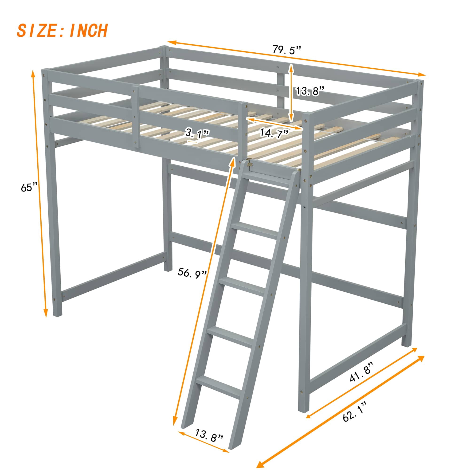 MAYEERTY Twin Size Loft Bed with Inclined Ladder, Guardrails, Grey