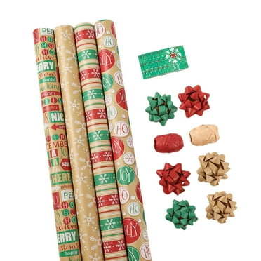 LaRibbons 30" x 10' Christmas Holiday Gift Wrap Kit | Kraft Red/Green Ornament