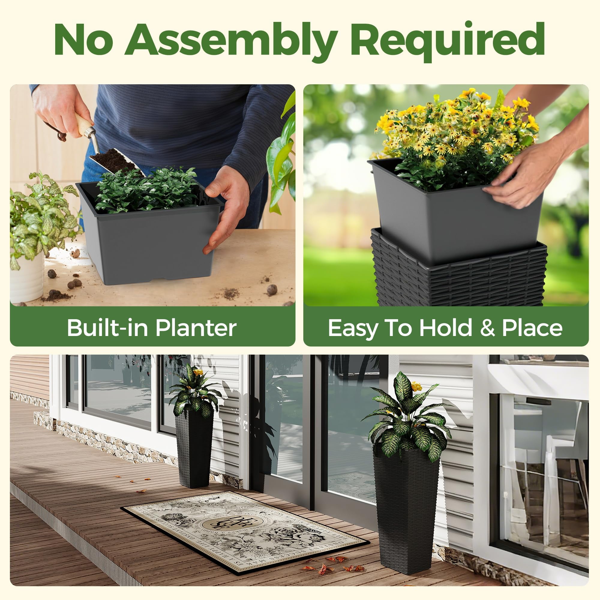 Huisuilinss Tall Planter Set Of 2 For Outdoor Plant,Tapered Planter,Decorative Flower Pots With 4 Drainage Holes For Indoor Outdoor Front Porch Patio Backyard Home Garden
