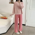 thumbnail image 4 of Women's Long Sleeve Striped Pajama Set Fleece Round Neck Loose Warm Thickened Loungewear Winter Casual Soft Cozy Home Sleep Two-Piece Outfit Pink XL, 4 of 5