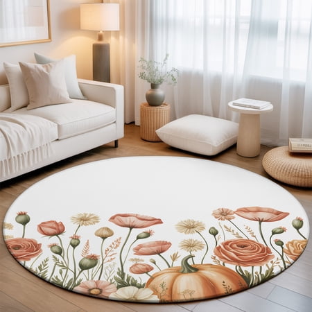 Washable Round Area Rug Rustic Pastoral Poppy Flower Circle Rugs Floor Carpet for Living Room Bedroom Watercolor Autumn Pumpkin Soft Non Slip Round Rug 3ft