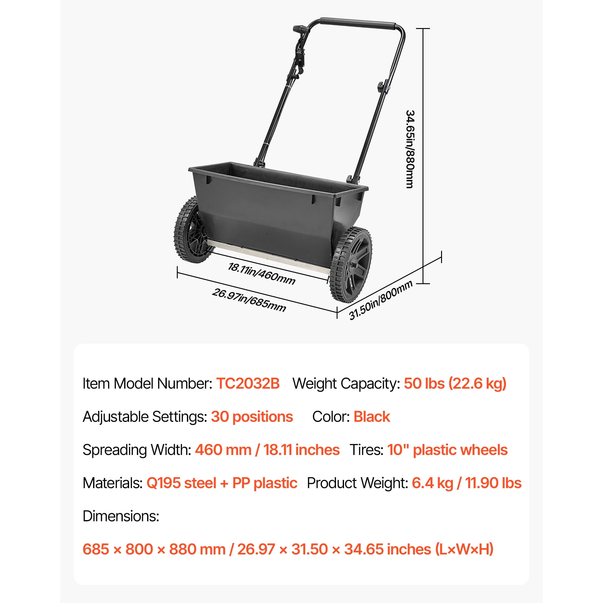 KFFKFF Walk-Behind Push Spreader, 50 lbs Capacity, Drop Spreader with Hopper Grate, 18-inch Spread Width & 10 Adjustable Settings, 10-inch All-Terrain Tires, Ideal for Seed, Fertilizer, and Salt