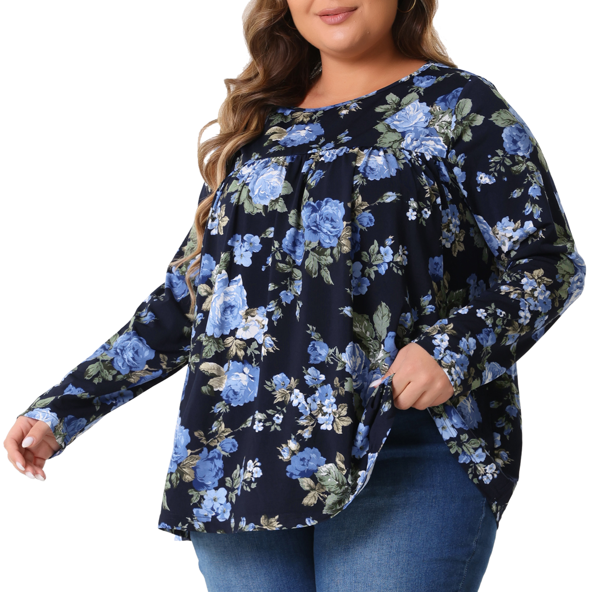 DARING DIVA Women's Plus Size Floral Long Sleeve Pleated Crew Neck Blouse 4X Dark Blue