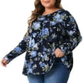 thumbnail image 2 of DARING DIVA Women's Plus Size Floral Long Sleeve Pleated Crew Neck Blouse 1X Dark Blue, 2 of 6