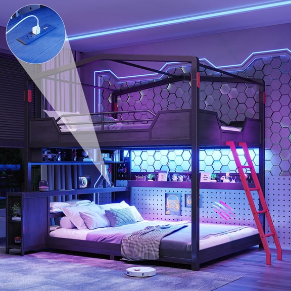 Queen Over Queen Black House-Shaped Metal Gaming Bunk Bed with Desk, LED Lights, USB Ports, Storage Shelves, Guardrail & Ladder