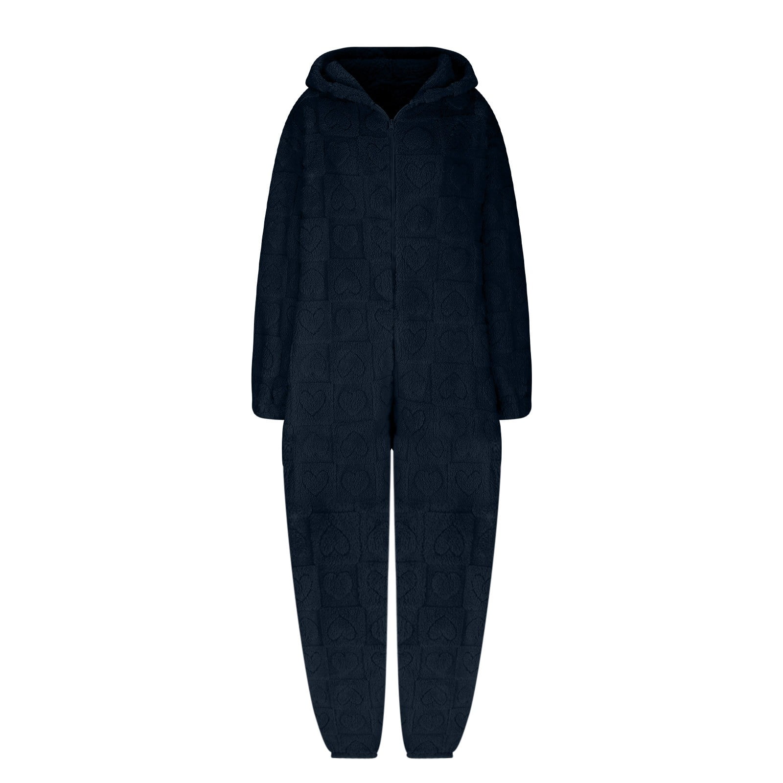 BiZtdJrK Women's Furry Sherpa Onesie Pajamas Fashion Heart Jacquard Jumpsuits Cute Ear Hood Romper Lounge Sleepwear, Navy, L