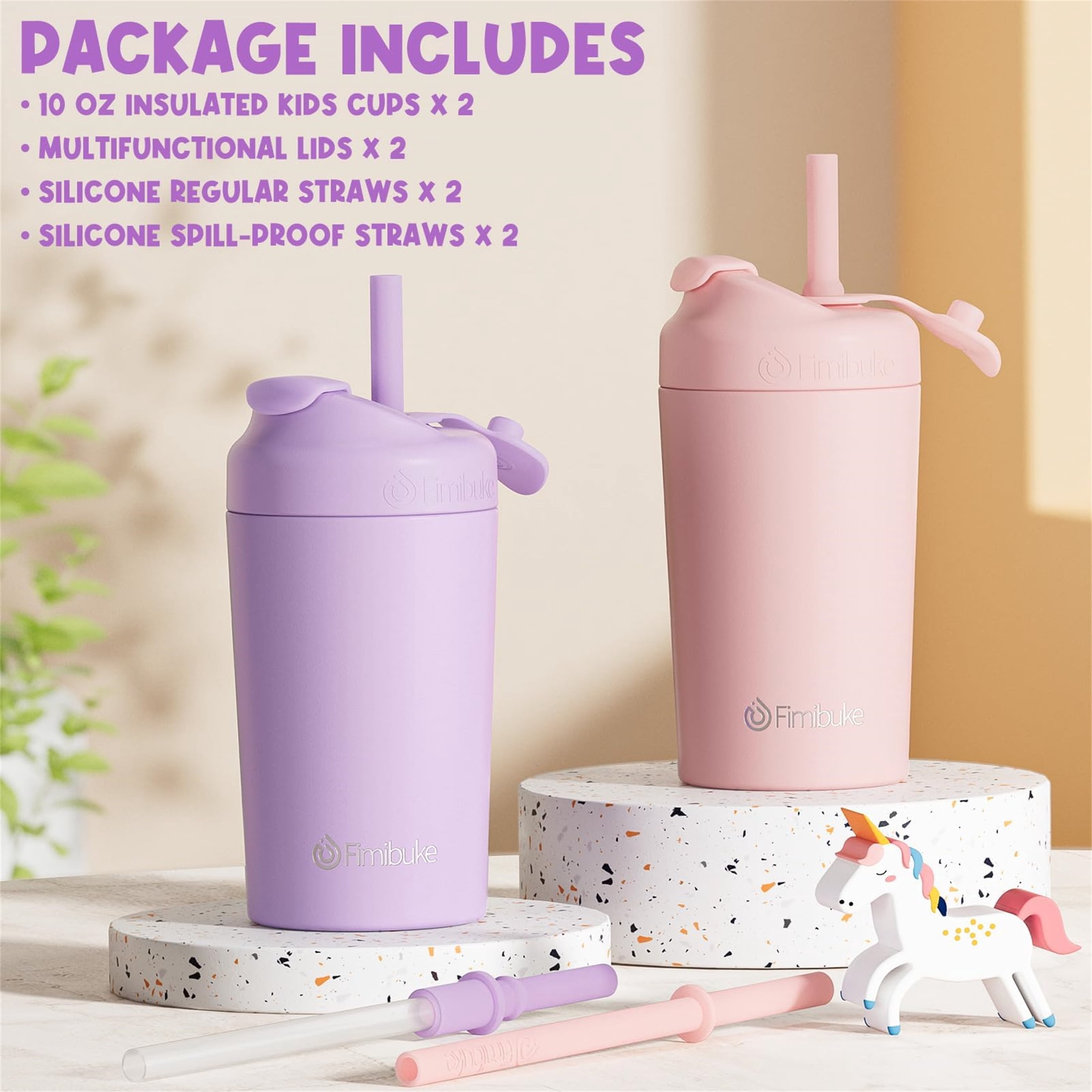 2-Pack 10 OZ Kids Spill Proof Cups with Straws and Lids, Kid Insulated Tumbler Stainless Steel Sippy Cup for Girl Boy, Pink & Lavender