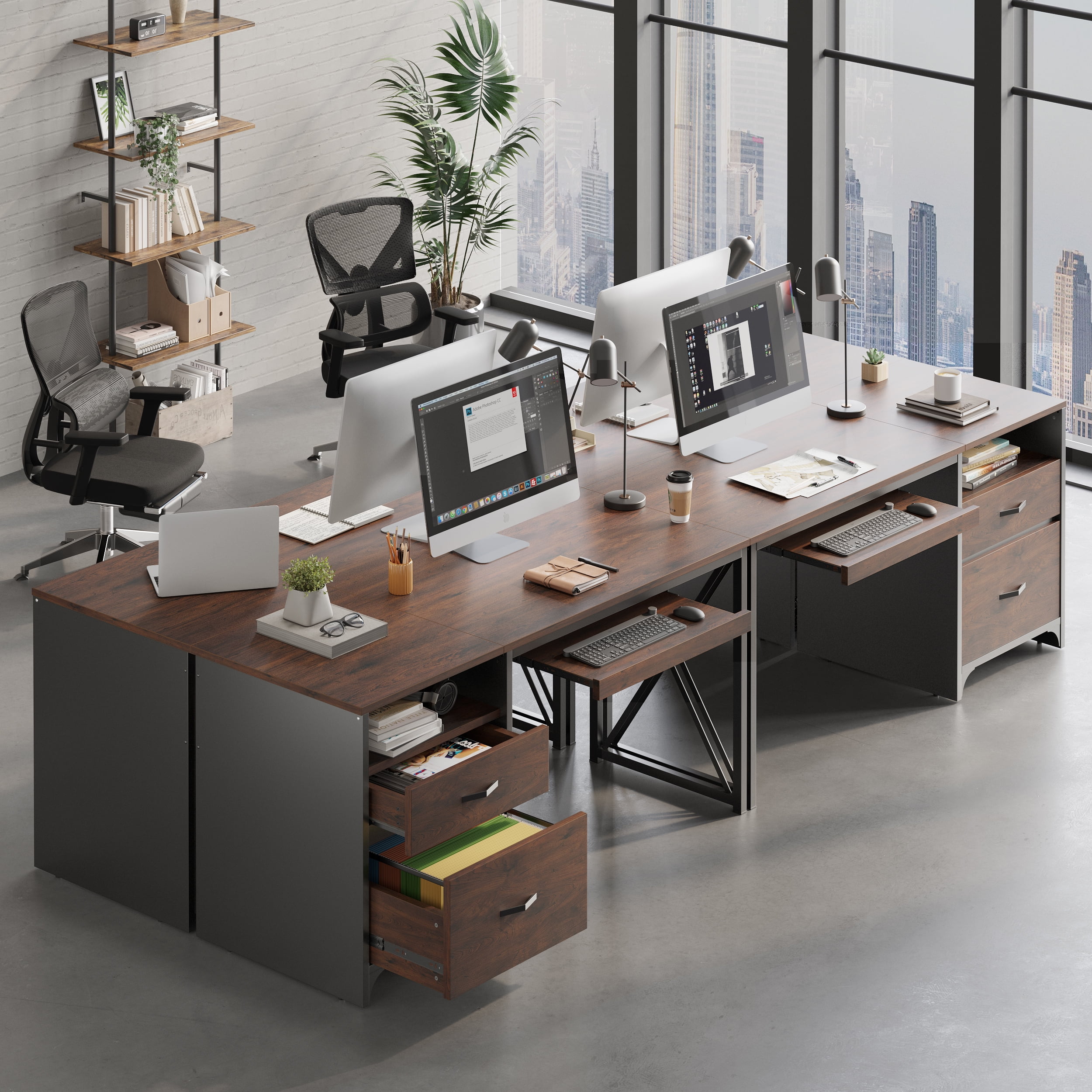 Bestier 55 inch Computer Desk with Storage Drawers & Keyboard Tray & File Drawer Home Office Desk Cherry