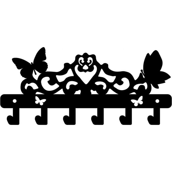 Iron Wall Hook Butterfly Metal Art Wall Hangers Decorative Organizer Rack with 6 Hooks for Bag Clothes Key Black (5.9x13in) DIY