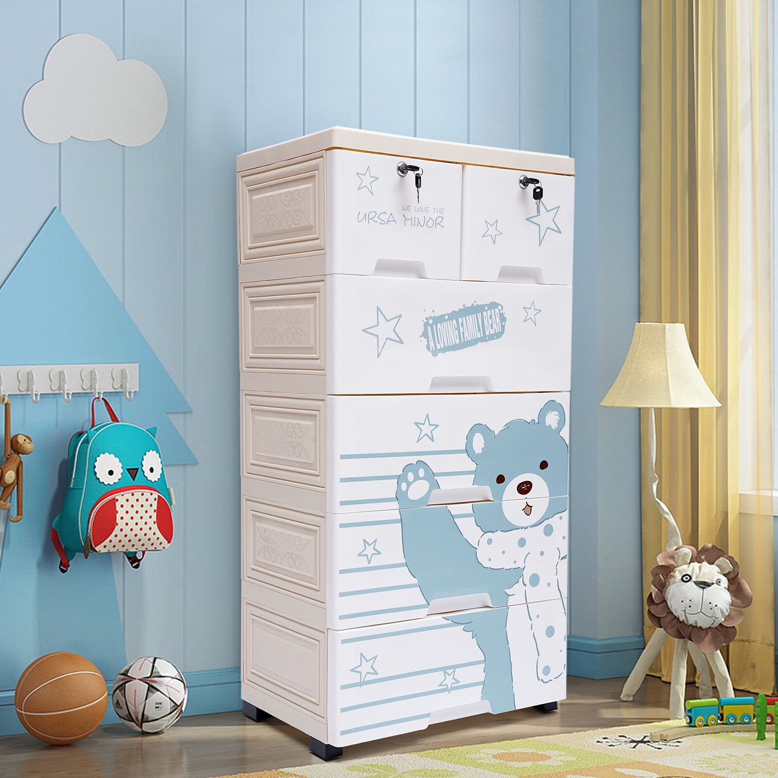 Storage Cabinet with 6 Drawers Tall Dresser Movable Plastic Organizer with  Wheels and Locks for Clothes Toys Books, Playroom Bedroom Furniture Beige