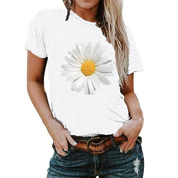 Pntutb Tallas grandes Mujer Manga corta Estampado floral Girasol O-cuello tops Camiseta Blusa Pntutb Pntutb-8310