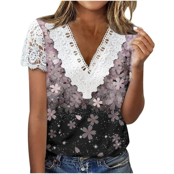 Fesfesfes Workout Shirts Women Fashion Summer Fold Printed Regular Women Short Sleeves V Neck Button Top Women Tops 2XL(US:12)