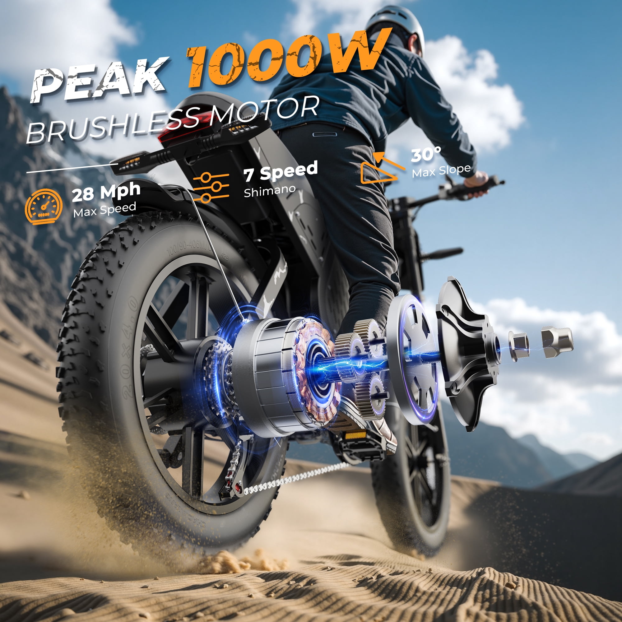VARUN Electric Bike, 20" Fat Tire Ebike for Adults with Peak 1000W 48V 20.8/31.5Ah Battery, Top 28MPH, 60/87+Miles, E-Mountain Bikes with Suspension, Turn Signals, 7-Speed, UL2849