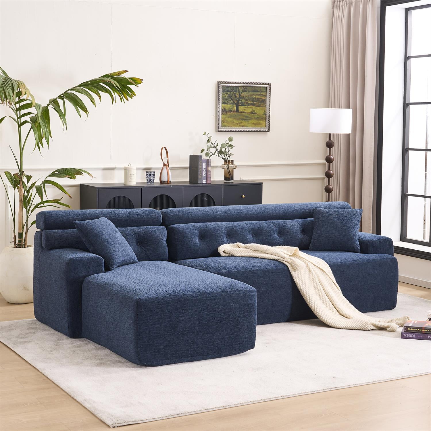 Demi Bonn 105" Modern L-Shaped Sectional Sofa, 3-Seater Couch with Chaise Lounge, 2 Accent Pillows, Wood Grain Chenille Fabric for Living Rooms, Blue