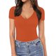 thumbnail image 3 of Gibobby Mono Ajustado de Verano Body de manga corta con cuello en V de color sólido ajustado sexy informal para mujer (Rojo, L), 3 of 4
