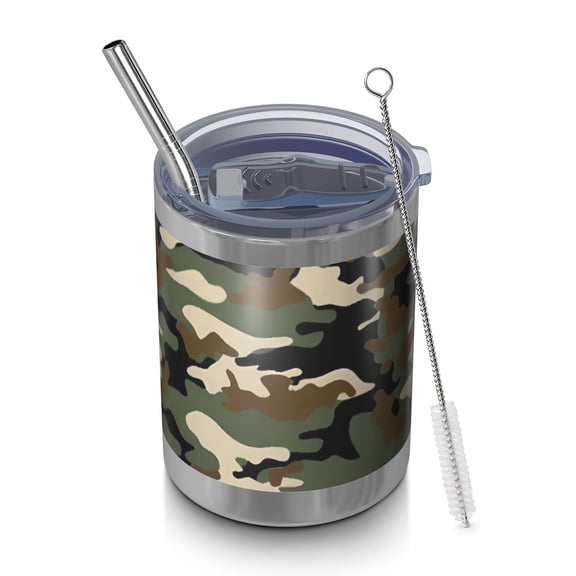 12oz Tumblers Classic Camo Green Brown Pattern Vacuum Insulated Stainless Steel Travel Tumbler Cups Mug with Lid and Straw for Beer,Coffee,Beverages with Cleaning Brush for Cold & Hot Drinks