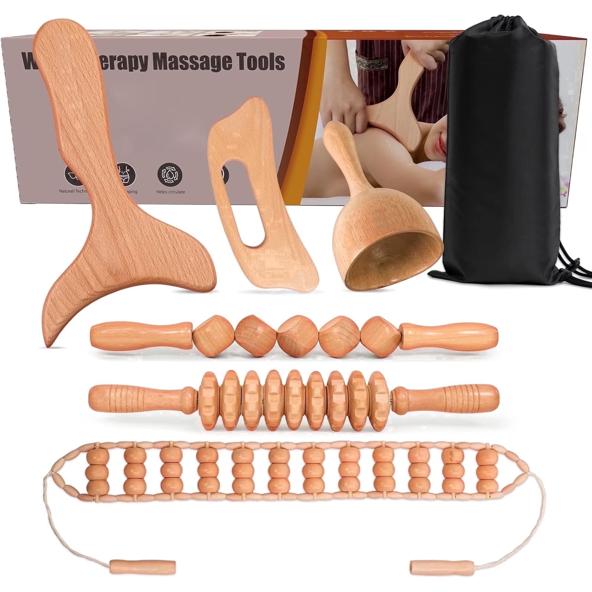 6 in 1 Wood Therapy Massage Tool Set for Body Sculpting Massage, Lymphatic Drainage and Muscle Pain Relief, Cellulite Sculpting Multi-Functional Massager
