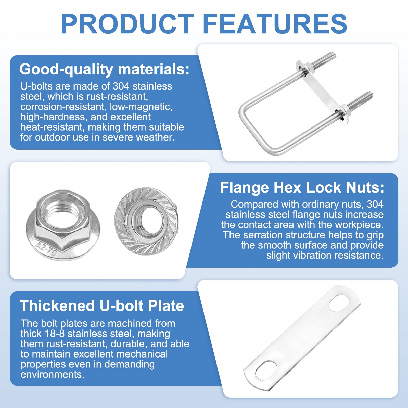 Uxcell 2 Set M10 2-3/8 Inch Inner Wide Square U Bolts, 5-7/8 Inch Length 304 Stainless Steel U-Bolts with Flange Hexagon Nuts, Frame Plates for Trailer, Automotive, (60mm W x 150mm L)