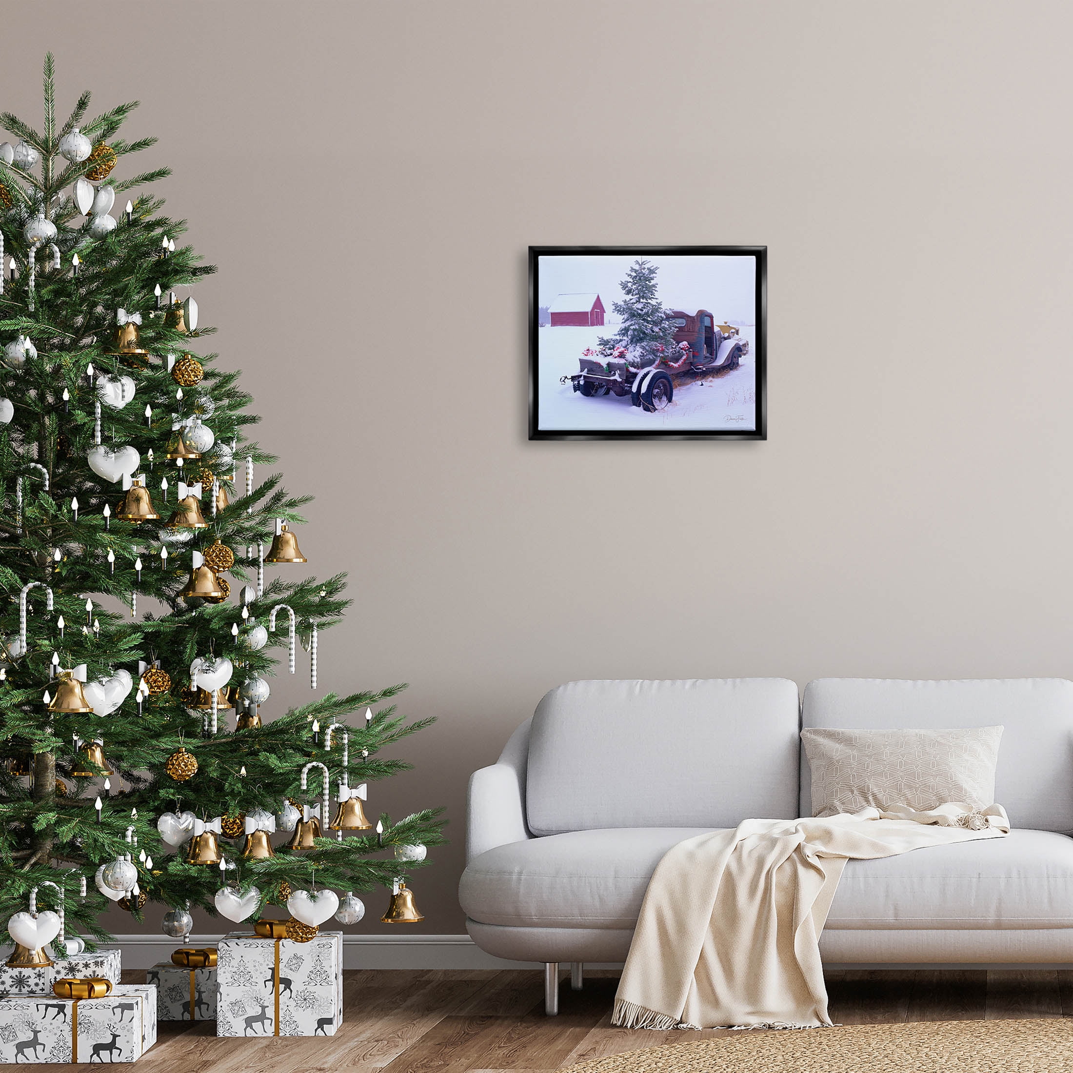 Snowy Farm Christmas Tree Landscape Holiday Graphic Art Jet Black Framed Art Print Wall Art