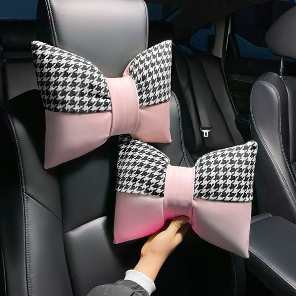Car Headrest Neck Pillow Bow PU Leather Headrest, Pink Houndstooth, car Interior Decorative Accessories, 2 Pack