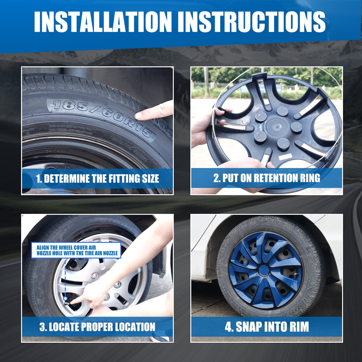 15" Premium Universal Wheel Rim Covers – Set of 4 Hubcaps,ABS&PC Material Hub Protection Accessory,Snap-on Replacement Caps for Car,Pickup Truck,SUV - 15 Inch Black&Blue Lacquer