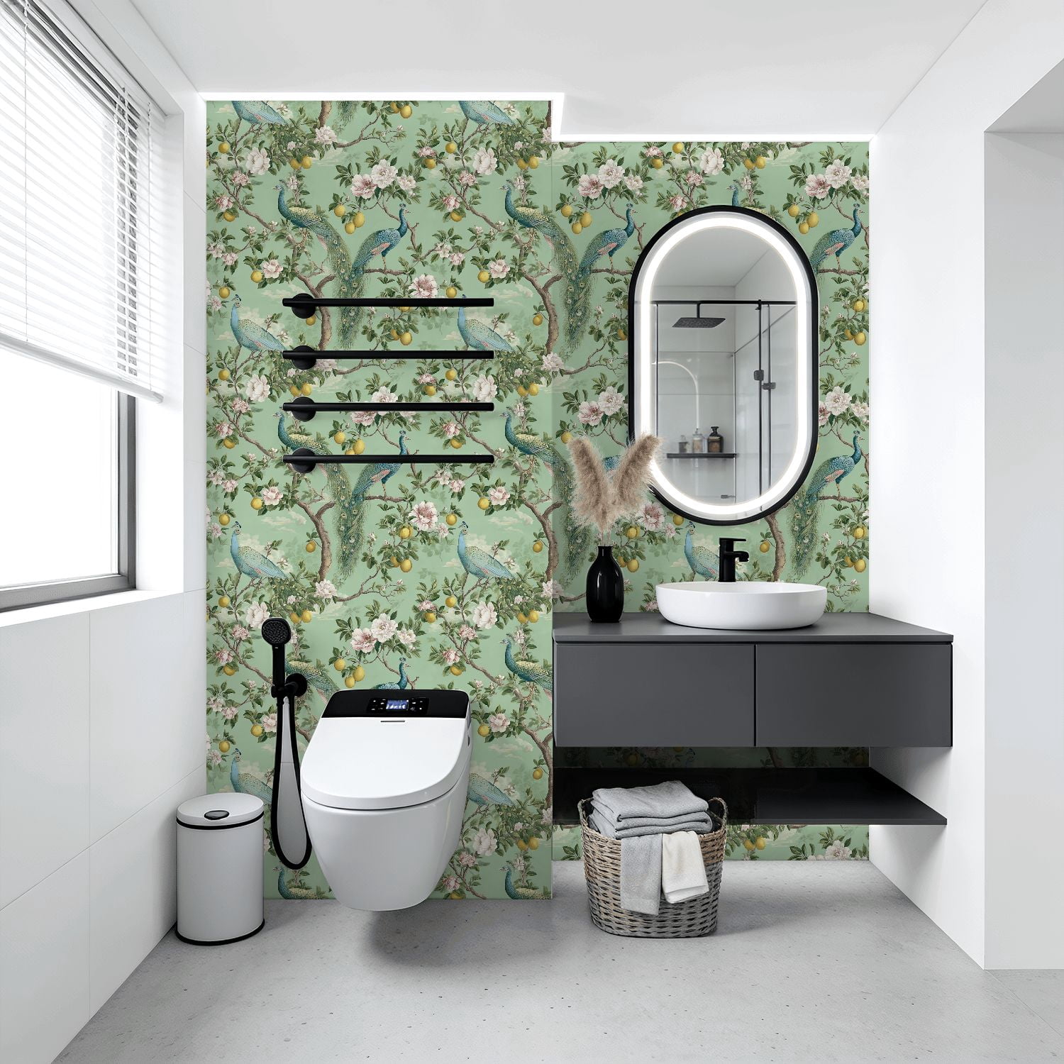 Boho Peel and Stick Wallpaper Peacock Floral Lemons Green Wall Mural 17.7in x 9.8ft Self Adhesive Removable Wall Paper Renter Friendly Wallpaper for Bedroom Kitchen Farm