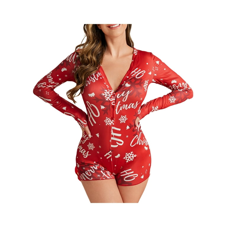 Womens Christmas Romper Pajamas Sexy Bodycon Printed Jumpsuit