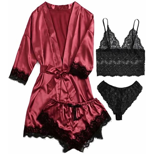 Pyjama pour Femmes 4 Pcs avec Garniture en Dentelle Florale, Ensemble de Pyjama en Satin avec Robe Rouge Vin 4 Pcs S