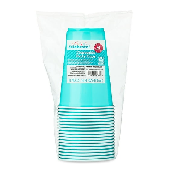 Plastic Disposable Party Cups, Terrific Teal, 16 oz, 18 Pieces, by Way To Celebrate
