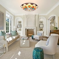 FINE MAKER 12" Tiffany Country Style Ceiling Light, Bowl Shade Stained Glass Inverted Recessed Ceiling Light