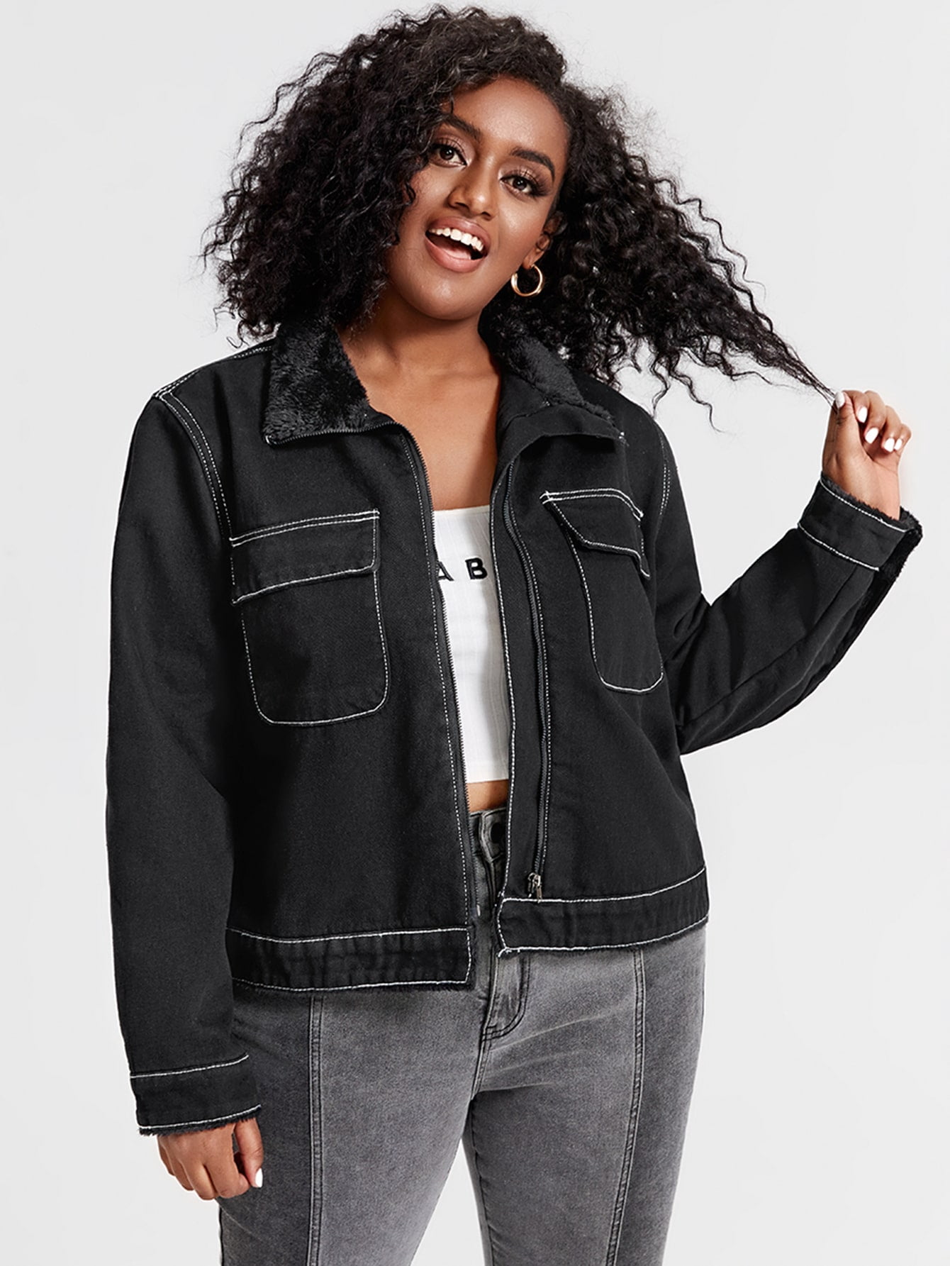 Women's Plus Borg Collar Flap Pocket 