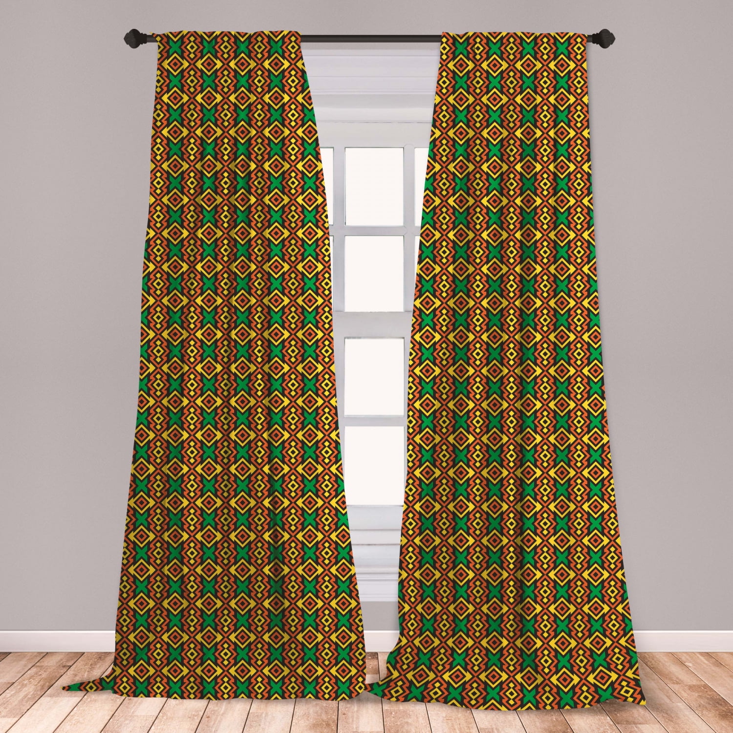 Kente Pattern Curtains 2 Panels Set, Exotic Vertical Borders from