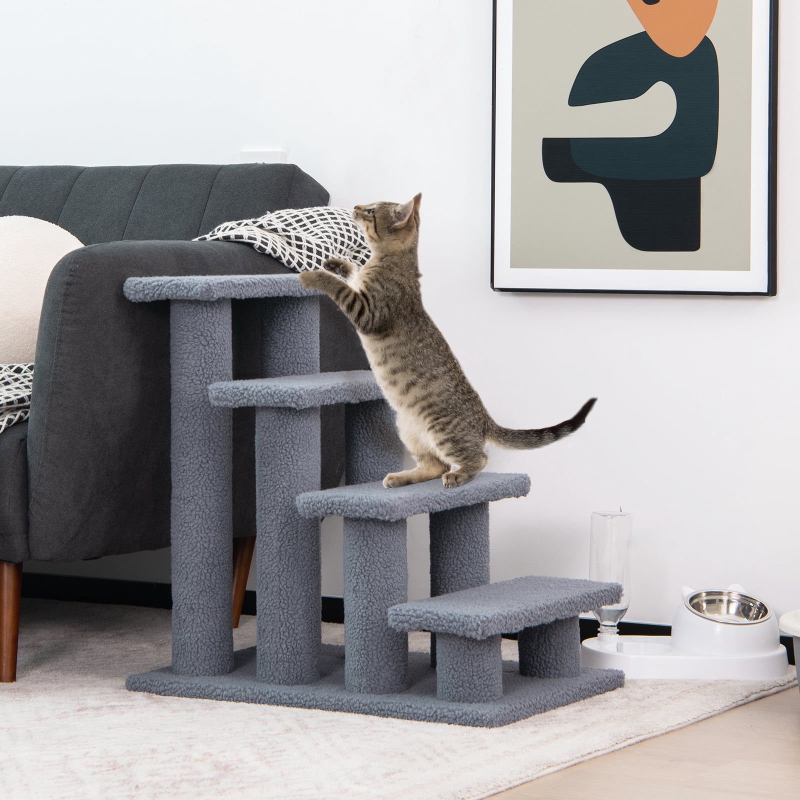 FANRUINA 24" 4-Step Pet Stairs Carpeted Ladder Ramp 8 Scratching Post  Tree Climber